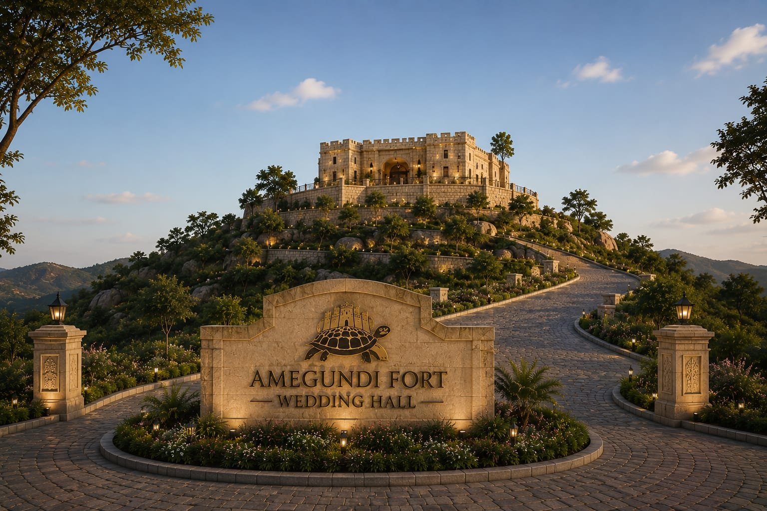 Amegundi Fort across its landscaped hill