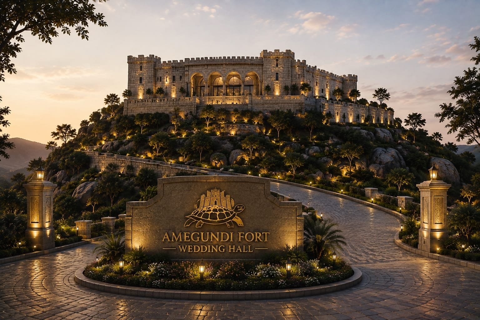 Fort-inspired architecture illuminated at dusk
