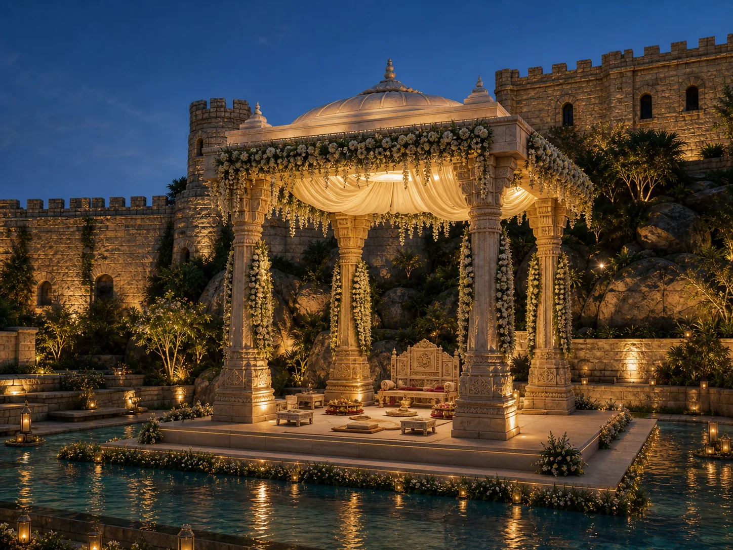 Fort-themed wedding mandapa at Amegundi Fort