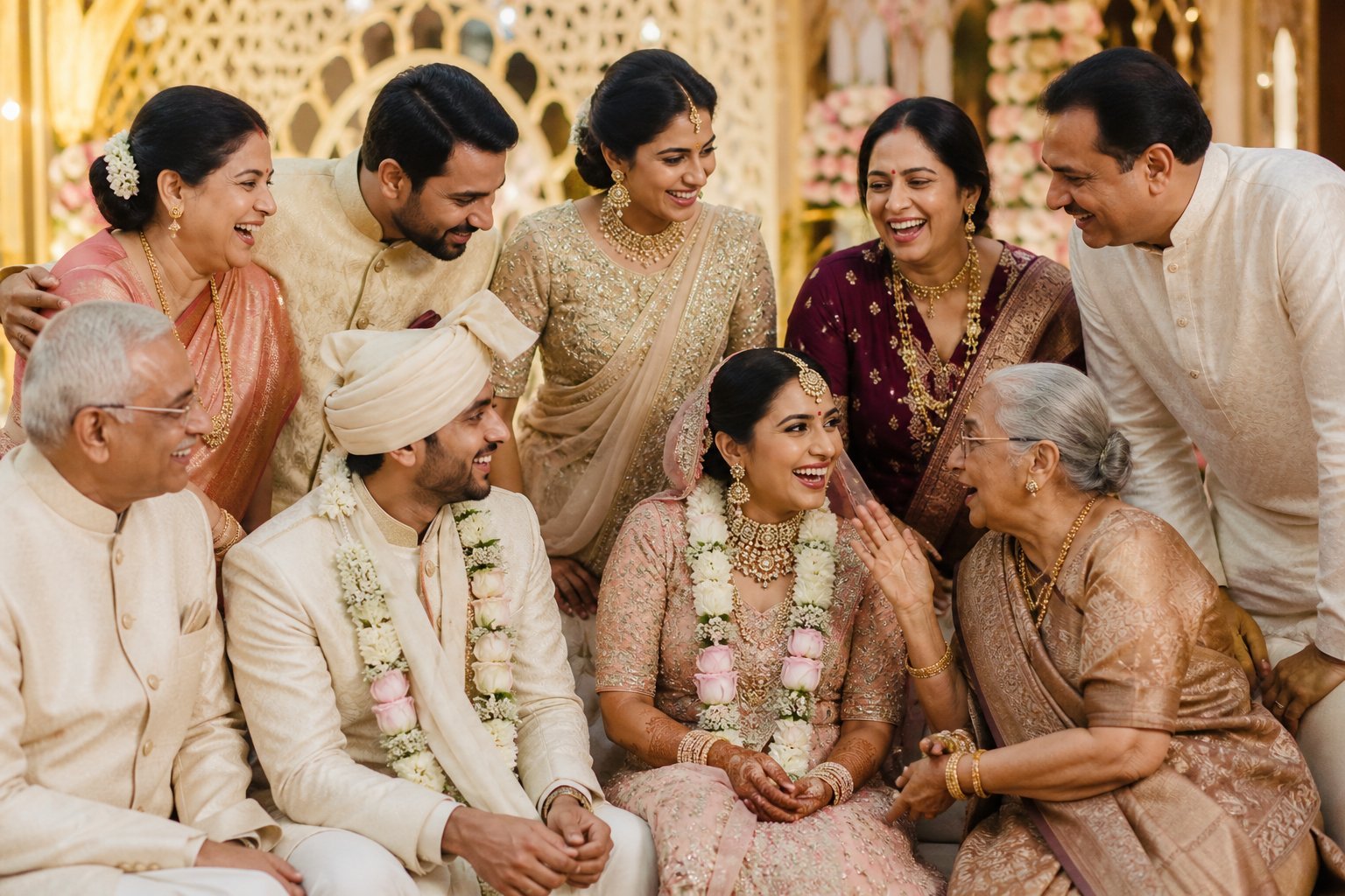 Indian family celebrating together at a wedding