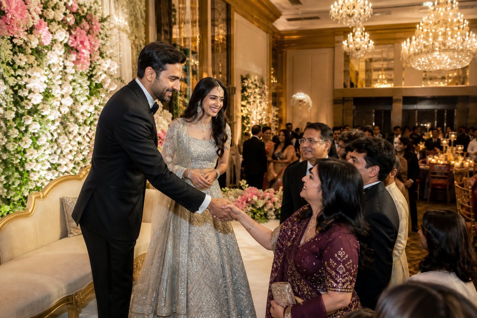 Newlywed couple welcoming guests at their reception