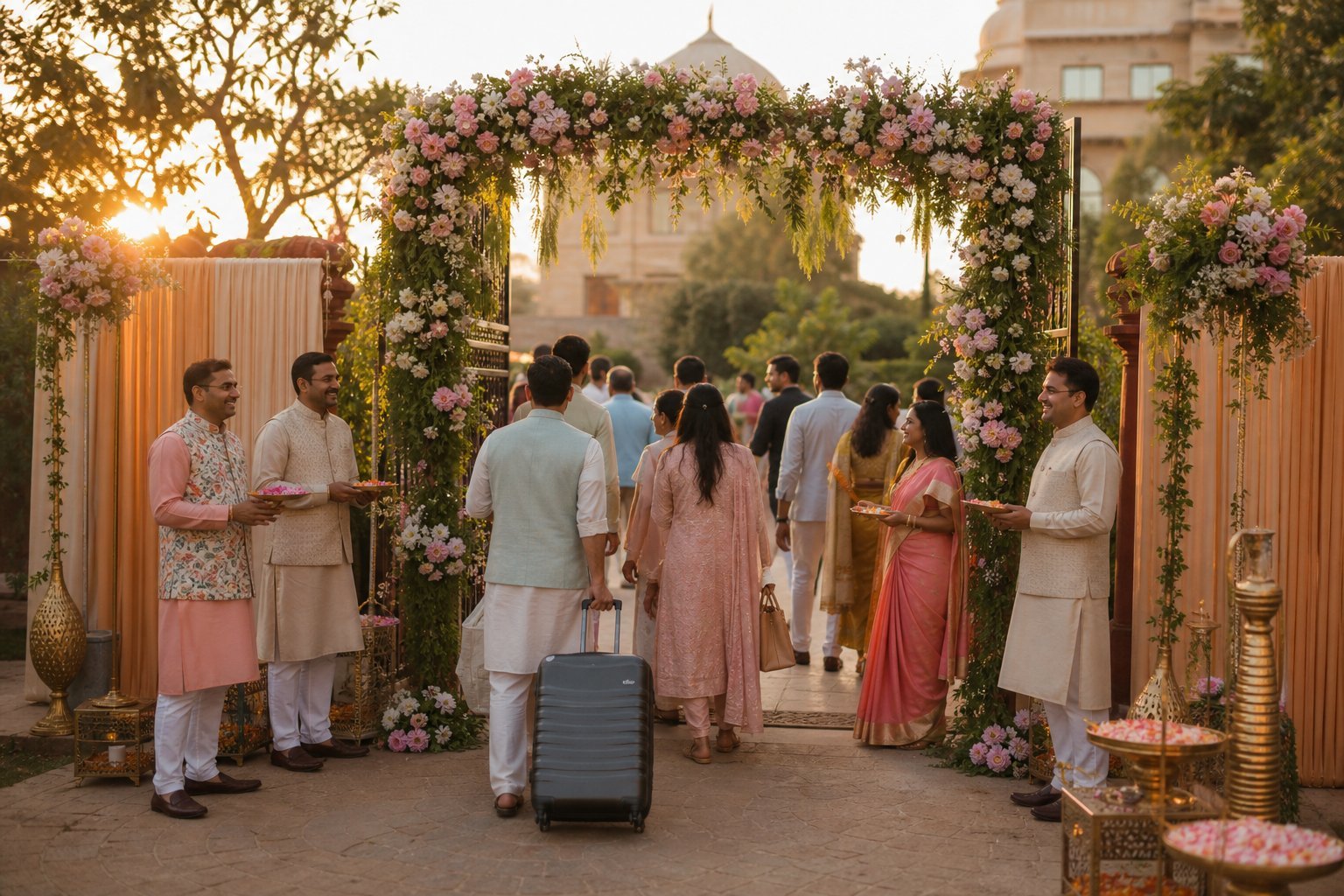 Wedding guests arriving for a welcome celebration