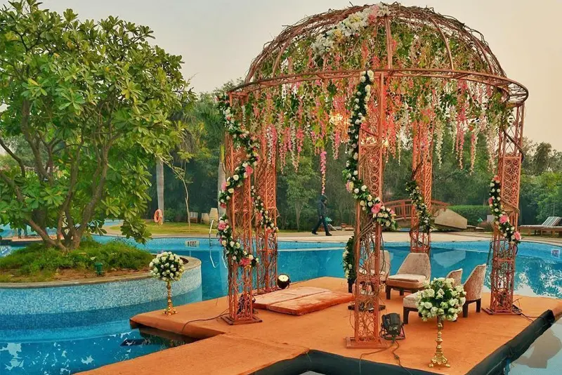 Poolside wedding mandapa